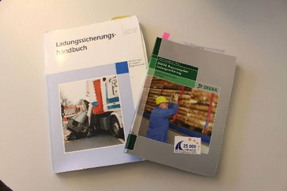 Zwei Männer binden eine Ladung auf einem Transporter